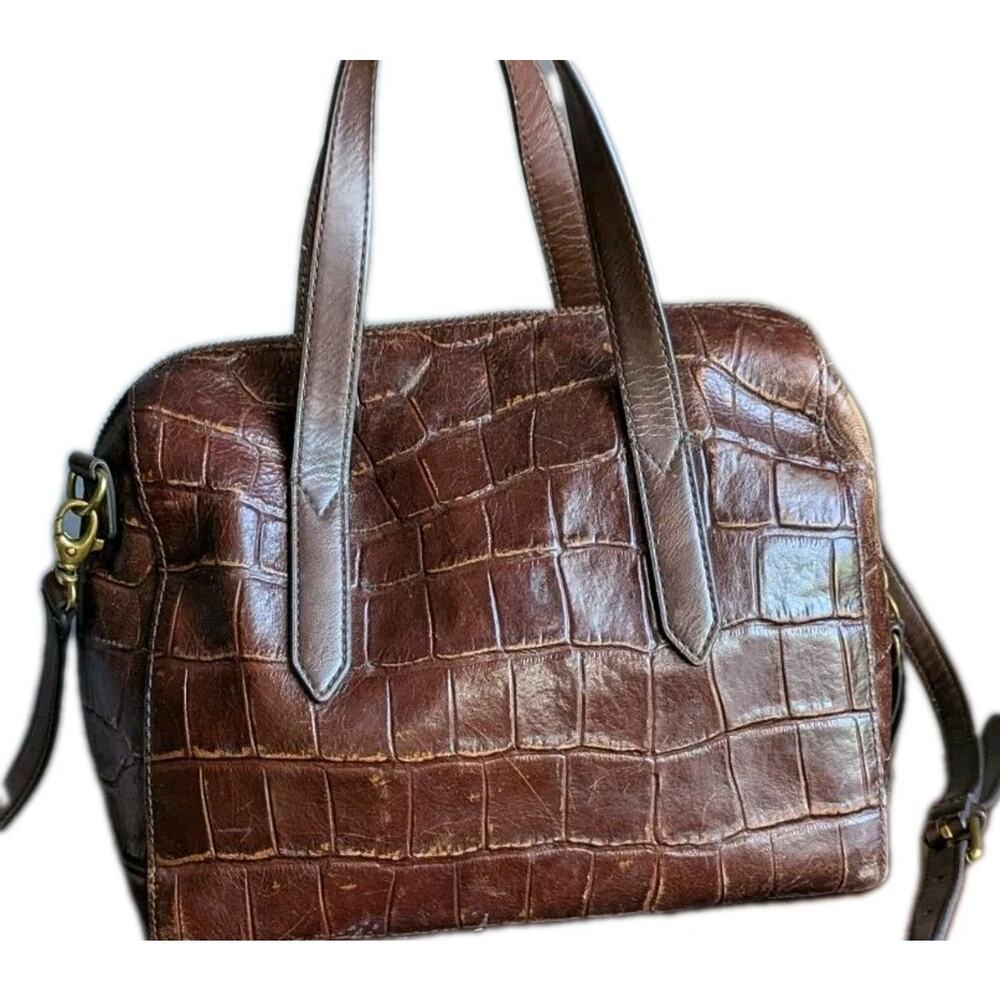 Fossil Sydney Brown Croc Embossed Leather Doctor Bag Purse Crossbody Strap - Picture 2 of 12